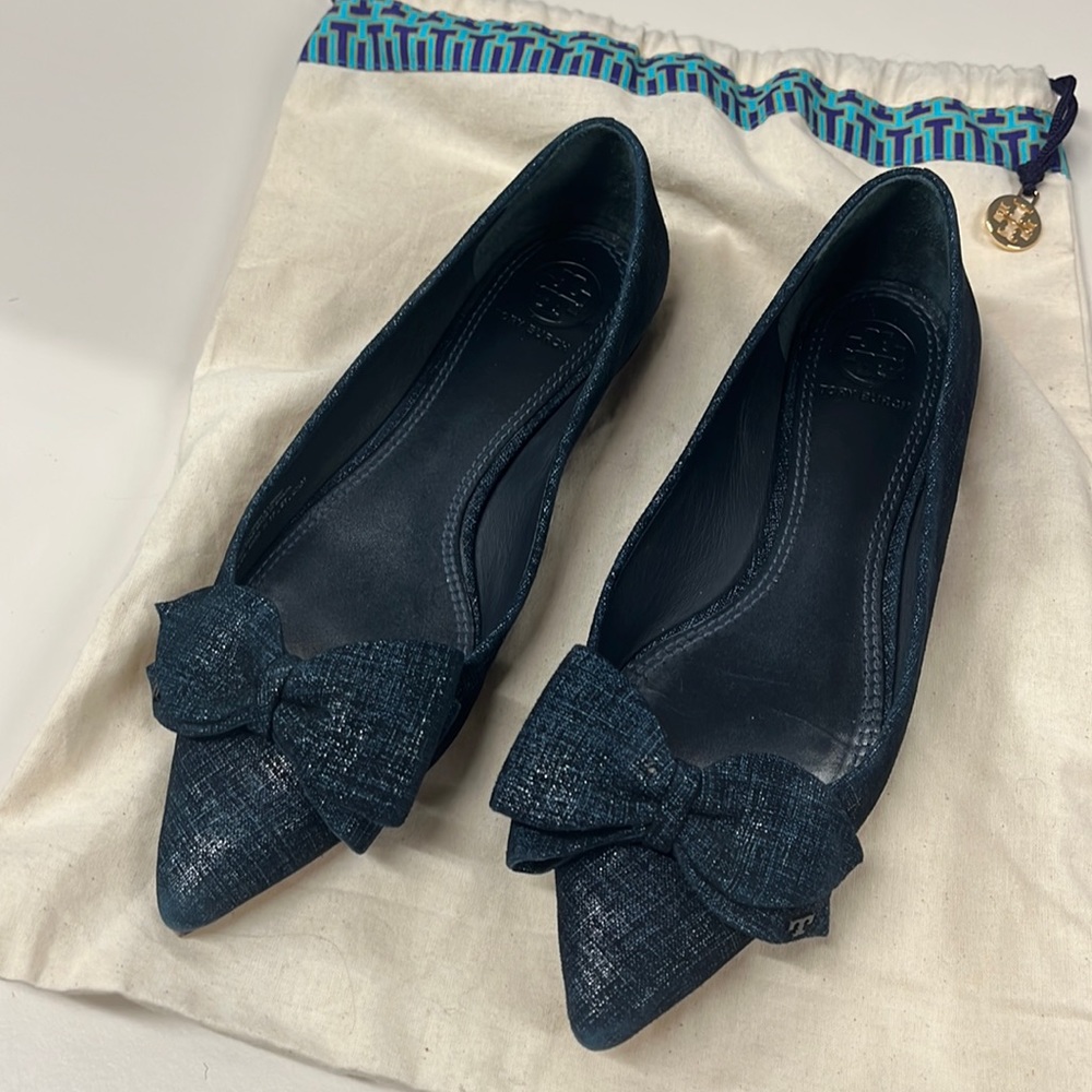 Tory Burch Navy Suede Denim Bow Flats